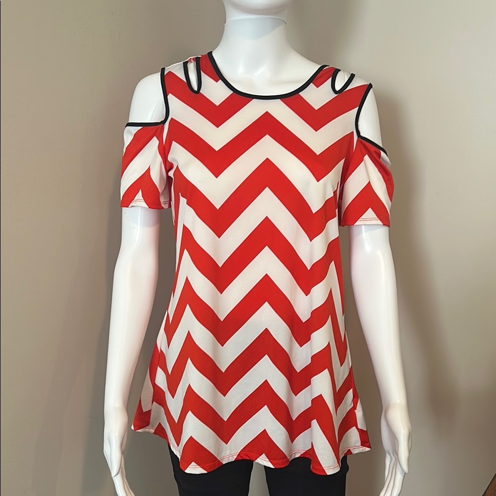Red/Orange Chevron Cold Shoulder Top